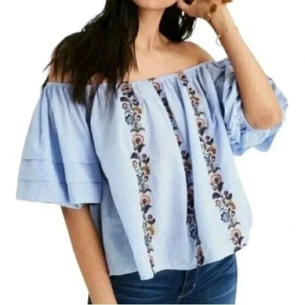 American Eagle Y2K Periwinkle Off Shoulder Bubble Sleeve Boho Floral Top Size XS